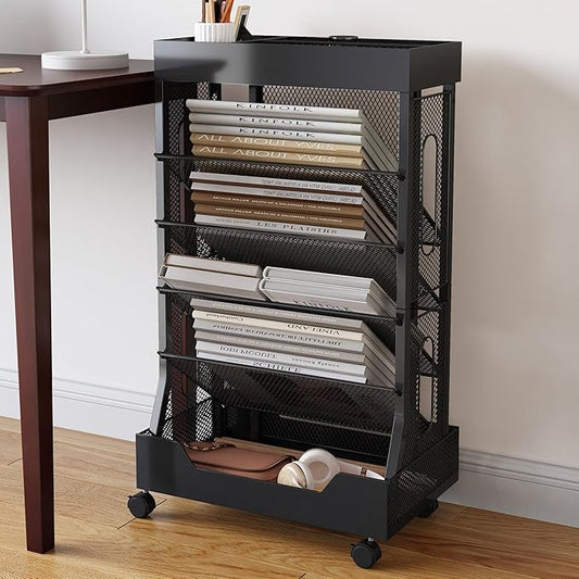 COVAODQ Rolling File Cart Book Cart with Wheels Mobile Bookshelf File Organizer Beside Desk, Free-Standing File Holder, Paper Letter Tray Organizer Mesh Desk Organizer for Office School