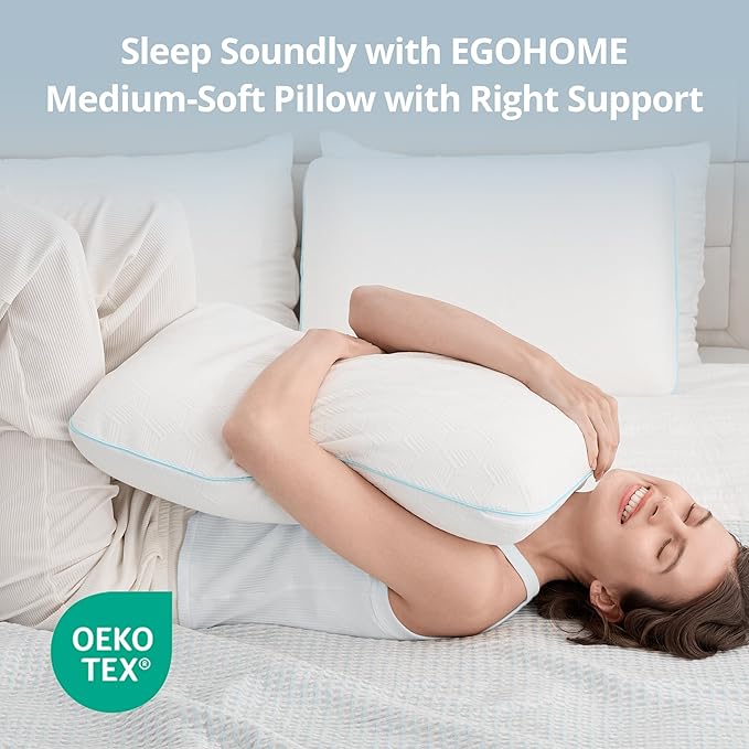 EGOHOME Memory Foam Pillow for Sleeping Standard Size, Medium Soft Bed Pillow with Washable Removable Cover for Back, Stomach, Side Sleepers, White 24" x 16"