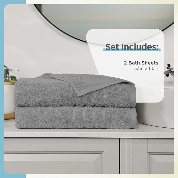 Martex 2-Pack Ultimate Performance Bath Sheet Set – 100% Cotton – 33” x 65” – Extra Large Bath Towels – Versatile – Low-Linting – Supersoft Bathroom Set – Super Absorbent – Easy Care – Monument Grey