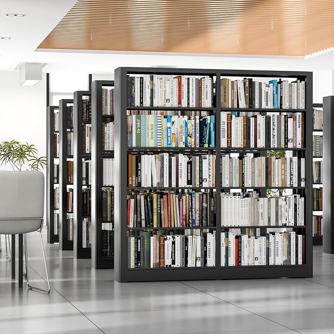 Metal Bookshelf, 5 Tier Bookshelf with Adjustable Shelves, Black Bookcase, Heavy Duty 69” Tall Bookcase, Large Book Case Book Shelf for Bedroom, Living Room, Office, Library