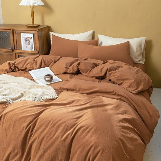 FOSSA Duvet Cover Set 100% Washed Cotton Linen Feel Super Soft Breathable Cozy 3 Pieces Bedding Sets Solid Dark Orange Oversized King Plus