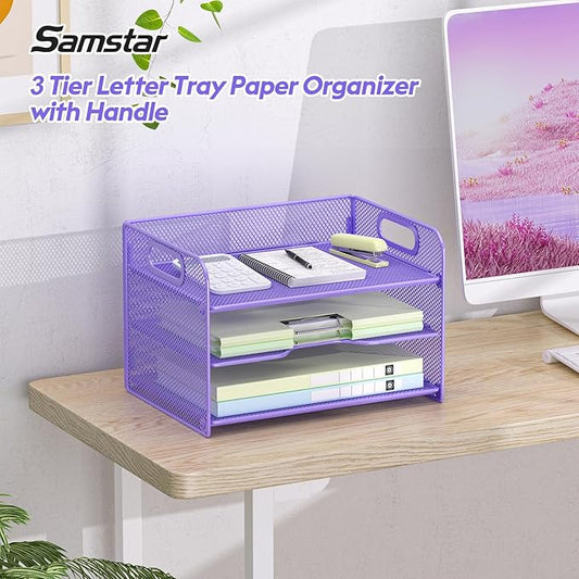 Samstar 3 Tier Purple Letter Tray Paper Organizer with Handle, Mesh Desk Organizer Paper Sorter File Rack Shelves, Purple