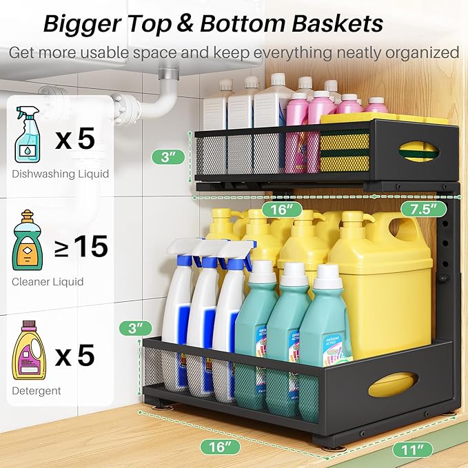 Under Sink Organizer, 1-Pack Pull Out Cabinet Organizer 2 Tier Metal Slide Out Storage Shelf Rack, L-Shaped Adjustable Height,Mesh Sliding Drawer for Kitchen, Bathroom, Laundry, Pantry, Black, XL