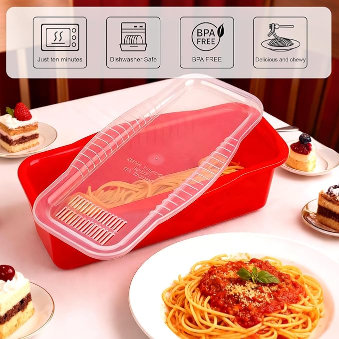 Microwave Pasta Pot with Strainer Lid & Measuring Cup Clip Quickly Cook 1-4 Servings-No Mess, Sticking or Waiting For Boil, Pasta Cooker in Microwave for Dorm Kitchen Office College Essential