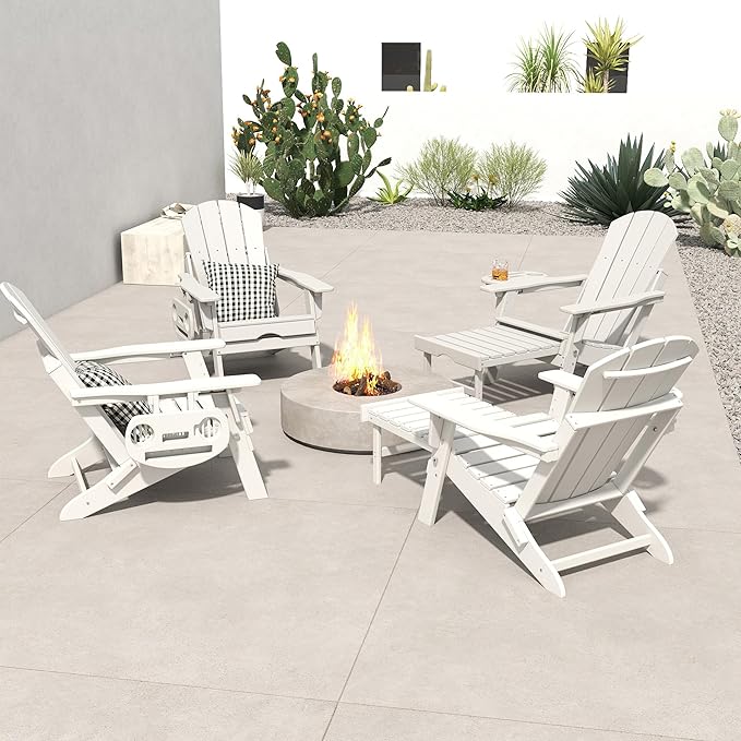 FOOWIN Folding Adjustable Adirondack Chair with Retractable Ottoman Set of 2,HDPE Adirondack Chair w/4 in 1 Cup Holder Trays,All-Weather Resistant Fire Pit Chair for Outdoor Patio Lawn, White