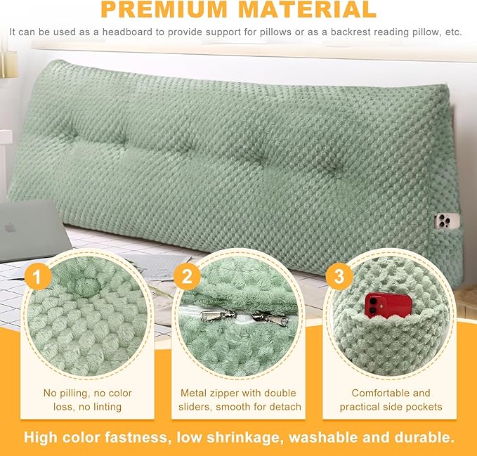 Large Triangular Headboard Wedge Pillow Soft and Supportive Headboard Backrest Positioning Support Bolster Cushion, Bed Wedge Pillow with Removable Cover(Green,Twin,39x8x20inch)