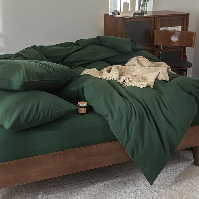 FOSSA Duvet Cover Set 100% Washed Cotton Linen Feel Super Soft Breathable Cozy 3 Pieces Bedding Sets Solid Forest Green Super King