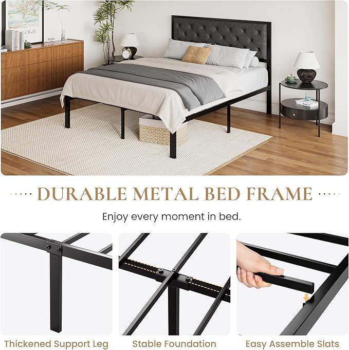 SHA CERLIN Queen Size Metal Platform Bed Frame,Linen Upholstered Button Tufted Headboard, Mattress Foundation with 12.4” Under-Bed Storage, Noise-Free, Easy Assembly, No Box Spring Needed, Dark Grey