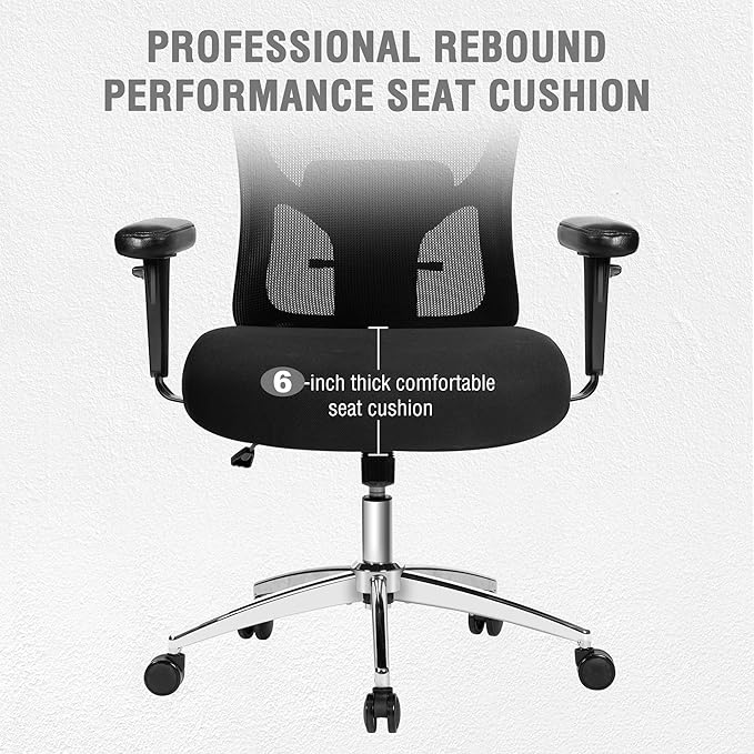 Big and Tall Office Chair 500lbs, Heavy Duty Ergonomic Mesh Chair, Computer Executive Desk Chair with Wide Thick Seat, Adjustable Armrests, Lumbar Support