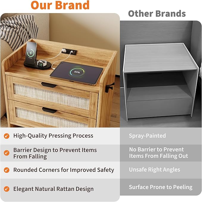 Rattan Nightstand, Bedside Table with Type-C Charging Station - 2 Storage Drawer Space, Boho End Table Side Table for Bedroom Office, Large Night Stand with Charging Port