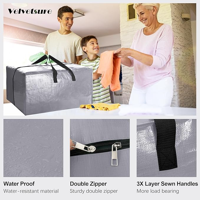 6 Pack Heavy Duty Extra Large Moving Bags W/Backpack Straps - Strong Handles & Zippers, Storage Totes For Space Saving, Fold Flat, Alternative to Box and Bin (40 gal, Silver)