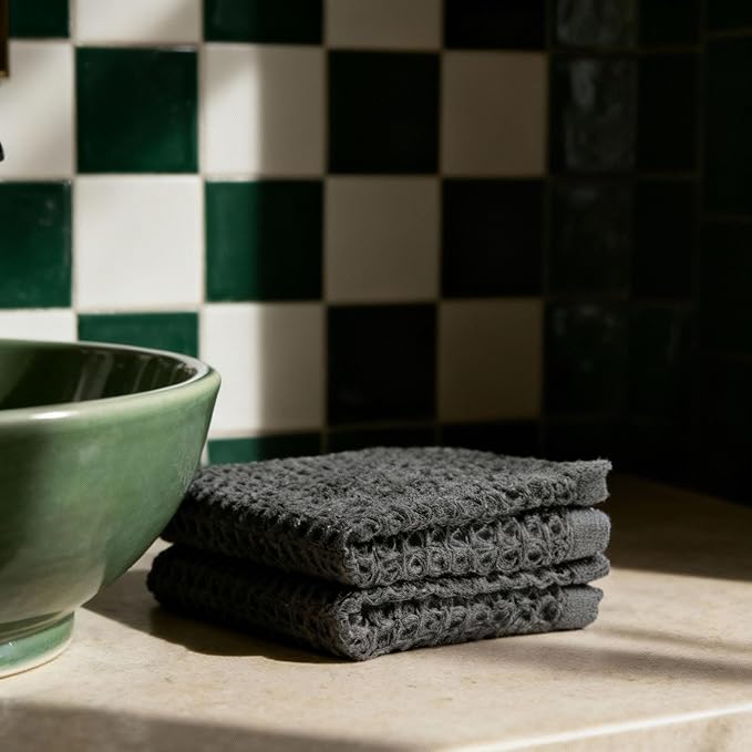 Italic Sedona Waffle Washcloths, 410 GSM 100% Cotton, Set of 2, Soft Textured Face Towels, Quick-Drying & Gentle (Charcoal)