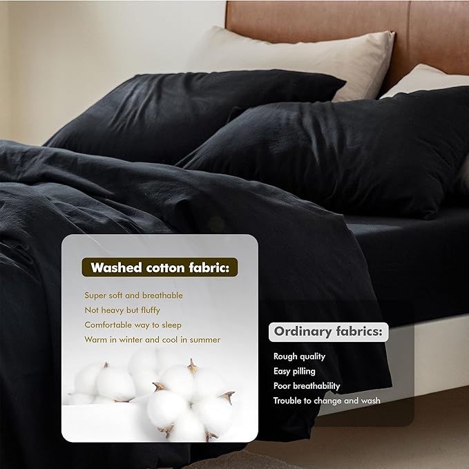 FOSSA Duvet Cover Set 100% Washed Cotton 3 Pieces Bedding Set Twill Soft Cozy Breathable Sturdy Substantial with Textured Weave Solid Black Full/Double