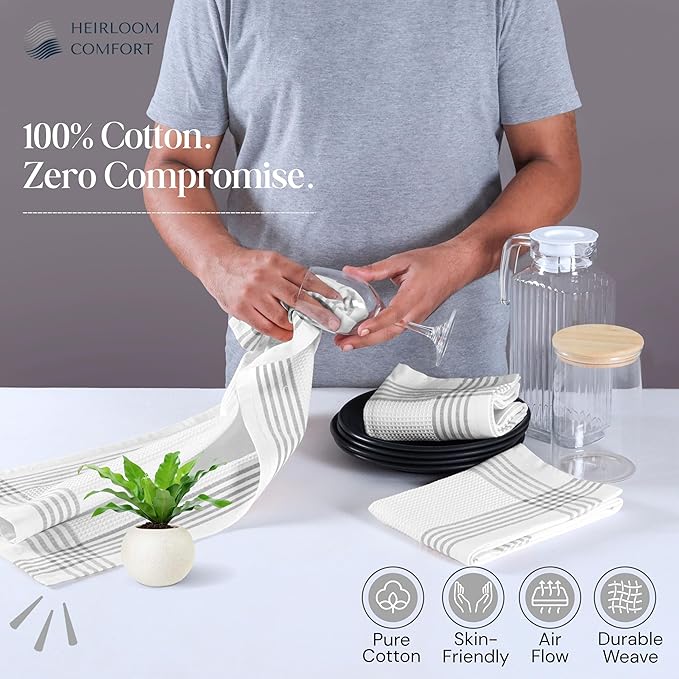 Grey and White Cotton Kitchen Towels 5 Pack, 16x26 Inch, Waffle Weave, Quick Dry, Absorbent, Durable Dish Towels for Drying, Cleaning, Cooking, Daily Kitchen Use
