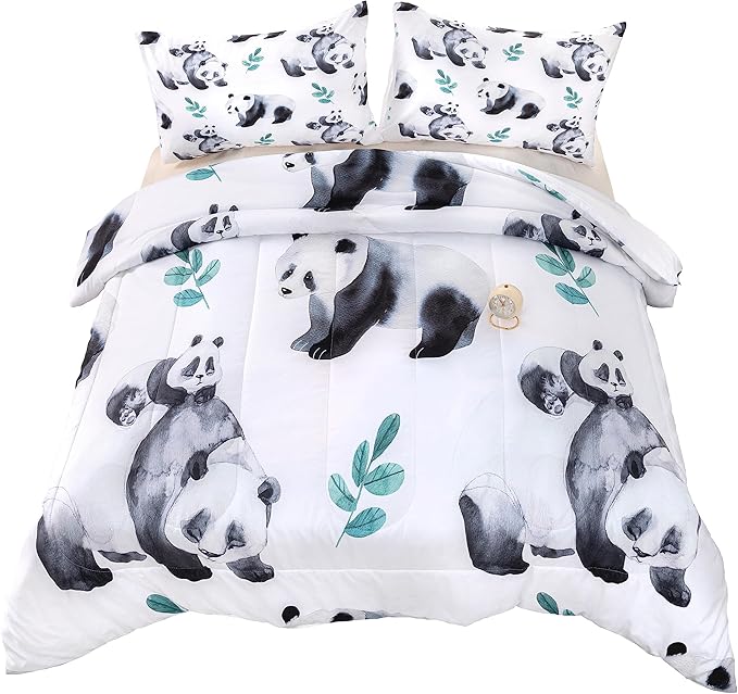 CVHOUSE Panda Bedding Set, Kawaii Panda Comforter Twin Set with 1 Comforter and 2 Pillow Cases - 3 Piece