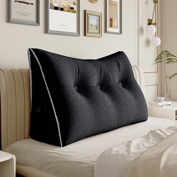 8 lbs Thickened Twin Wedge Pillow Headboard College Dorm Bed Velvet Wedge Pillow Backrest Triangular Headboard Pillows with Side Pocket, Dorm Bedding Essentials for Girls & Boys, Black