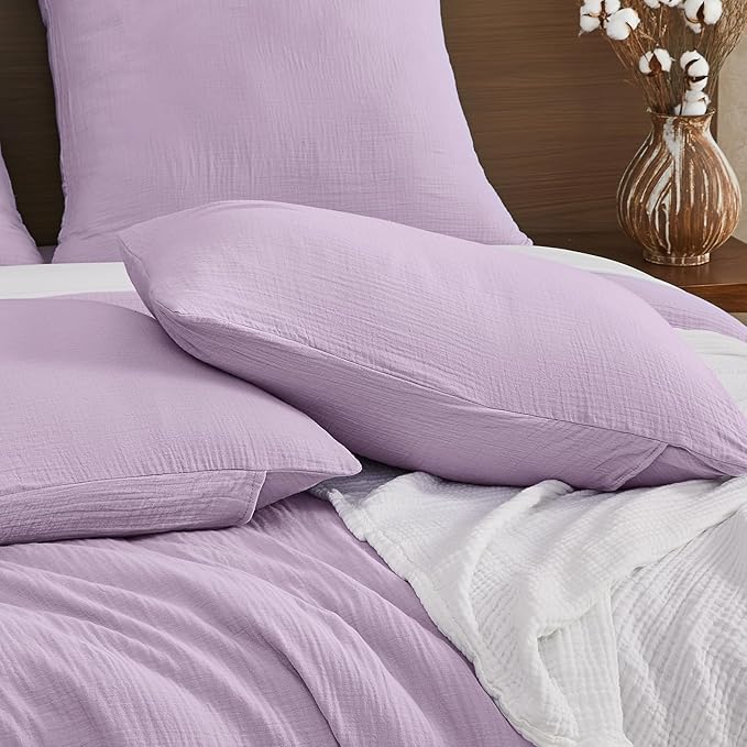 EMME Muslin Cotton Duvet Cover Set Lavender King Size Linen Like Soft Breathable Lightweight Summer Comforter Cover Set with Zipper Closure (Lavender, King, 104"x90")