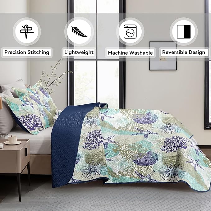 Tritard 3 Piece Coastal Quilt Sets Full/Queen Size - Reversible Microfiber Quilts with 2 Shams Soft Lightweight Beach Bedding Nautical Bedspread Coverlet Summer Comforter for All Season, 90''x96'', C6