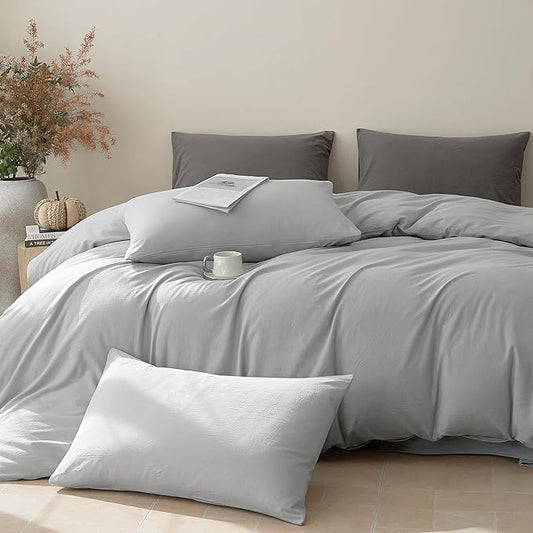 JELLYMONI Duvet Cover Full Size - Washed Cotton Comforter Cover with Linen-Like Texture,Breathable & Soft Bedding for Modern Home,Guest Room and Everyday Use,Pale Grey 1 Duvet Cover & 2 Pillowcases