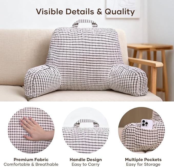 NOONTIDE Reading Pillow with Top Handle,Uniquely Designed Soft Fabric, Ergonomic Back Support for Bed,Cover Washable Sit up Pillow,Watching TV/Gaming/Relaxing(White)