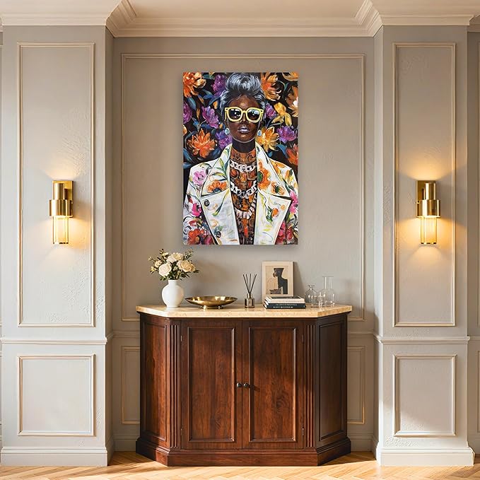 YETHEN WAL Afrocentric Canvas Wall Art – Black Woman Portrait Floral Wall Decor, Chic Modern Art Prints for Living Room, Bedroom, Office Decor, 32×48 Inch