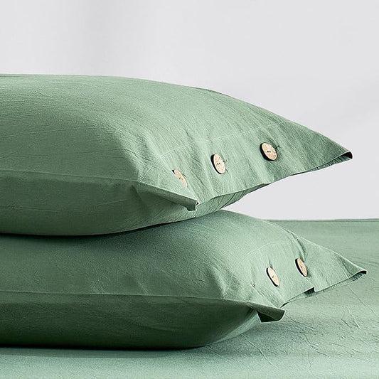 JELLYMONI 100% Washed Cotton King Pillowcases Set, 2 Pack Linen-Like Texture Breathable Pillow Covers with Button Closure,King Dusty Green 20"×36"(Pillows are not Included)