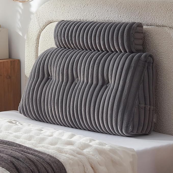 Headboard Pillow + A Long Neck Roll Pillow Body Pillow，Faux Fur Headboard Wedge Pillow with Removable Cover (Gray, Twin：39x8x20 inches)