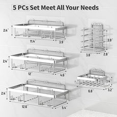 5 Pack Shower Caddy Organizer Rack Shelf for Inside Shower, Self Adhesive Bathroom Wall Storage Basket Rustproof Stainless Steel Large Capacity Shampoo Holder, Silver