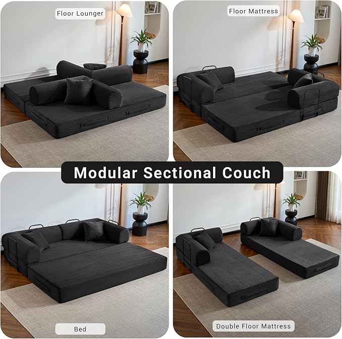 Compressed Sofa, Convertible Sofa Bed, Corduroy Compression Boneless Couch with Pillow, Comfy Modular Foldable Floor Sleeper Sofa for Bedroom, Living Room, Lounge, Studio (Black)