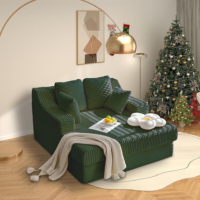 55 Inch Chaise Lounge Indoor - Oversized Chaise Lounge with 4 Throw Pillows and Armrets, Upholstered Plush Sofa Bed, Corduroy Lazy Chair Bed, Sleeper Chair for Living Room or Bedroom, Green