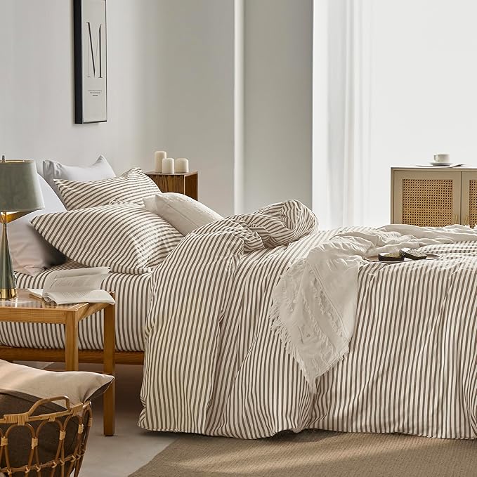 JELLYMONI 100% Natural Cotton Striped Duvet Cover Sets,White Duvet Cover with Khaki Stripes Pattern Printed Comforter Cover,with Zipper Closure & Corner Ties(Twin XL 66×92 Inch)
