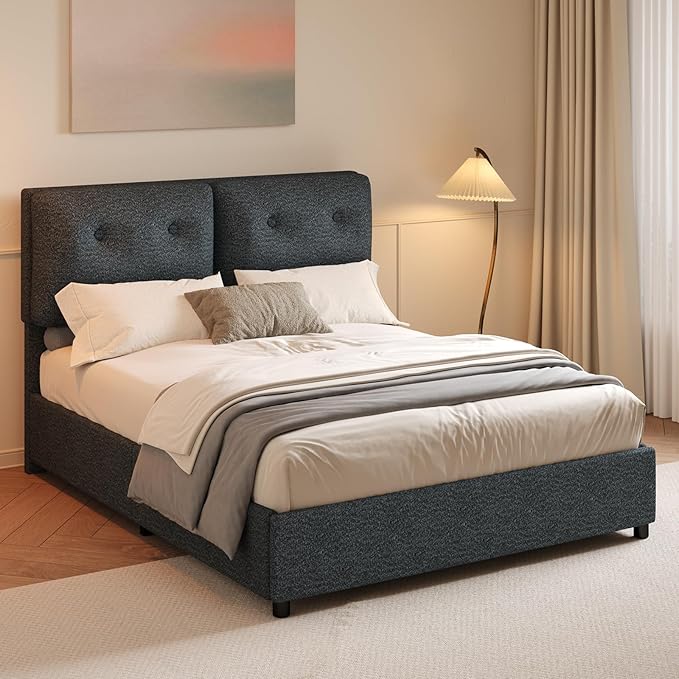 Full Size Bed Frame with Headboard, Cloud Boucle Upholstered Bed Frame, Modern Soft Style, Adjustable Headboard, No Box Spring Needed, Easy Assembly, Dark Grey