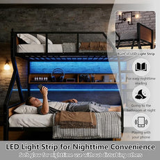 Full XL over Queen Bunk Bed with Storage Shelves, Metal Bunk Beds with Ladders and LED Lights, Heavy-duty Bunkbed for Bedrooms, Guest Rooms and Dorms, No Box Spring Needed and Noise-free Design, Black