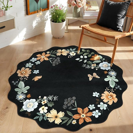 Lahome Floral Round Area Rugs, Washable Small Round Rug 3ft Non-Slip, Soft Boho Ultra-Thin Circle Carpet for Bedroom Entryway Kitchen Laundry Bathroom, Black/Grey