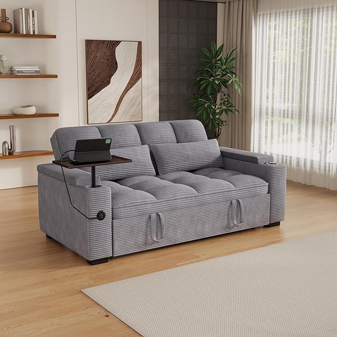 65" Sofa Bed, Loveseat 3-in-1 Sleeper Sofa with Pull Out Bed, 360° Swivel Side Table and USB, 2 Seater Convertible Small Couch for Living Room Apartment (Gray, Corduroy)