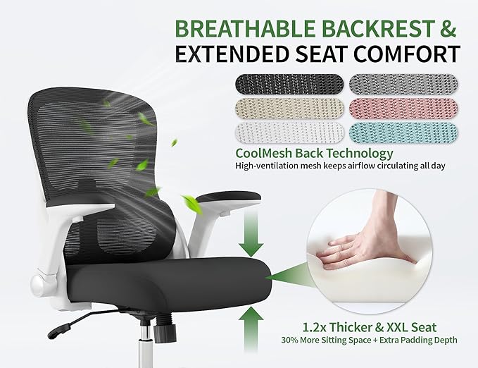 Ergonomic Office Chair - Computer Desk Chairs Comfy, Mesh High-Back Gaming Chair with Adjustable Lumbar Support, Executive Task Chair for Adults, Comfortable for Long Hours (White Black)