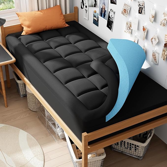 ELEMUSE Dual Layer 3 Inch Memory Foam Mattress Topper Twin, 2 Inch Cooling Gel Memory Foam Plus 1 Inch Down Alternative Pillowtop Mattress Pad with Cooling Cover, Soft Comfort Support, Black