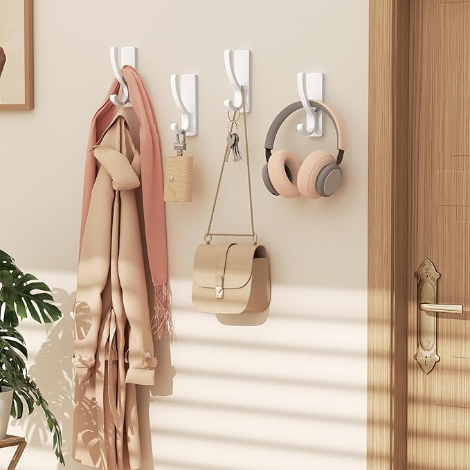 pickpiff Adhesive Wall Hooks for Towels - Sticky Hook Hanging Heavy Duty (13lb), Hanger for Door, Bathroom, Dorm, Closet - for Coats, Purse, Bag, Robe - No Damage to Wall - White 4 Pack
