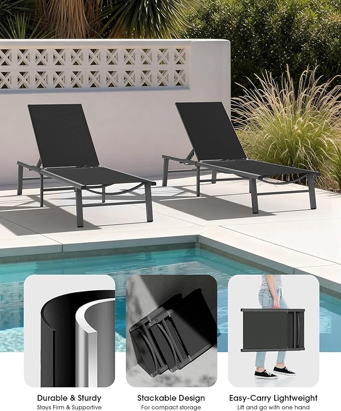 Ciokea Aluminum Outdoor Lounge Chair Set of 4- No Assembly Needed, Foldable Patio Chaise Lounge with 5 Adjustable Positions, Reinforced Frame for Extra Durability, Pool Beach Lounge Chair,Black