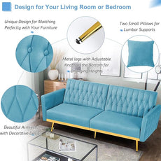 70” Velvet Futon Sofa Bed with 2 Pillows and Adjustable Armrests, Convertible Sleeper Bed W/Adjustable Backrests, Modern Loveseat for Living Room, Bedroom, Baby Blue