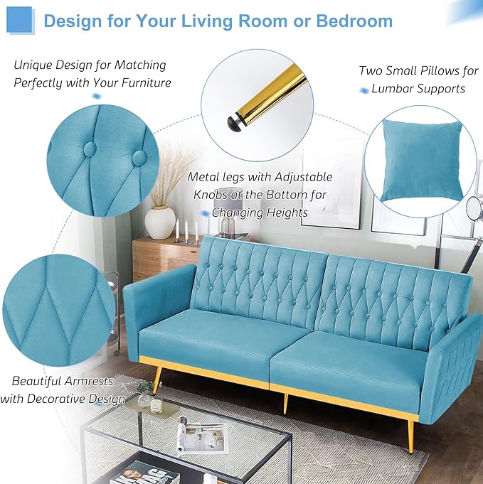 70” Velvet Futon Sofa Bed with 2 Pillows and Adjustable Armrests, Convertible Sleeper Bed W/Adjustable Backrests, Modern Loveseat for Living Room, Bedroom, Baby Blue