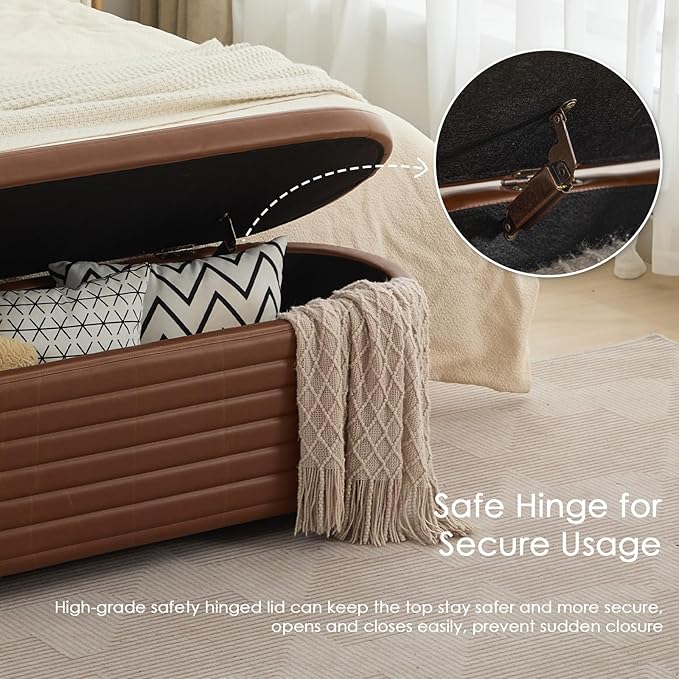 53" Storage Bench PU Leather Ottoman Bench Upholstered Bench End of Bed Stool with Safety Hinge for Bedroom, Living Room, Entryway, Brown