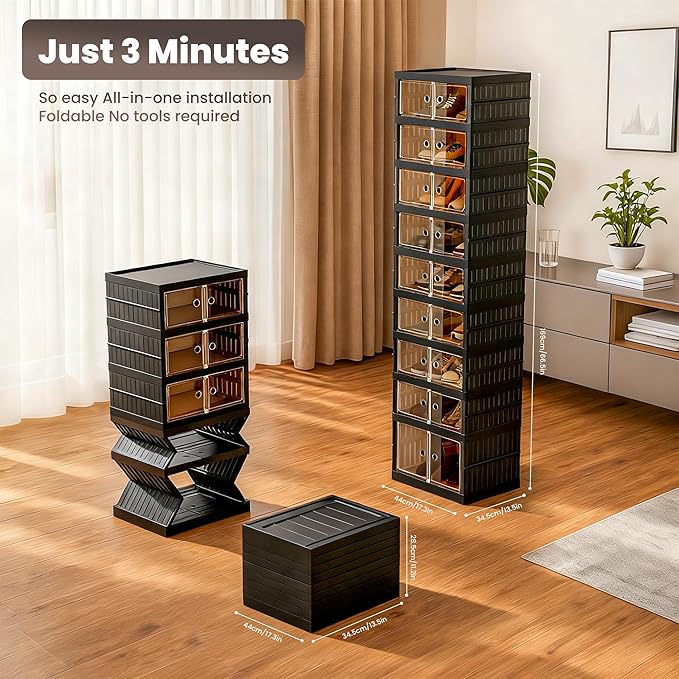 Foldable Shoe Organizer Storage Box, Portable Extra Large Folding Shoe Rack for Closet, Shoe Storage Box with Magnetic Transparent Door and Wheels, 9 Layers 18 Grids with 2 Big Grids