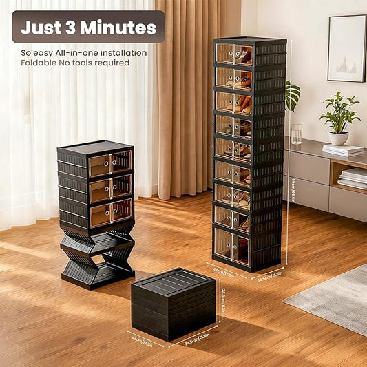 Foldable Shoe Organizer Storage Box Set of 2, Portable Extra Large Folding Shoe Rack for Closet, Shoe Storage Box with Magnetic Transparent Door and Wheels, 9 Layers 18 Grids with 2 Big Grids