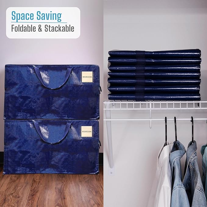 VENO 8 Pack Moving Bags and Large Christmas Decoration Storage Bins with lids. Alternative to Moving Boxes, Packing Supplies for College. Heavy Duty Totes (Blue, 8 Pack)