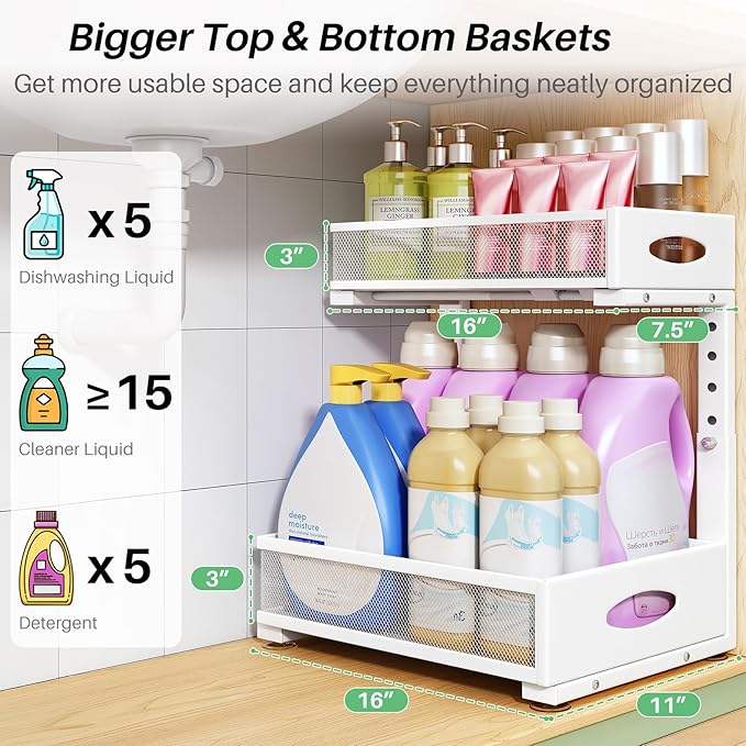 Under Sink Organizer, 1-Pack Pull Out Cabinet Organizer 2 Tier Metal Slide Out Storage Shelf Rack, L-Shaped Adjustable Height,Mesh Sliding Drawer for Kitchen, Bathroom, Laundry, Pantry, White, XL