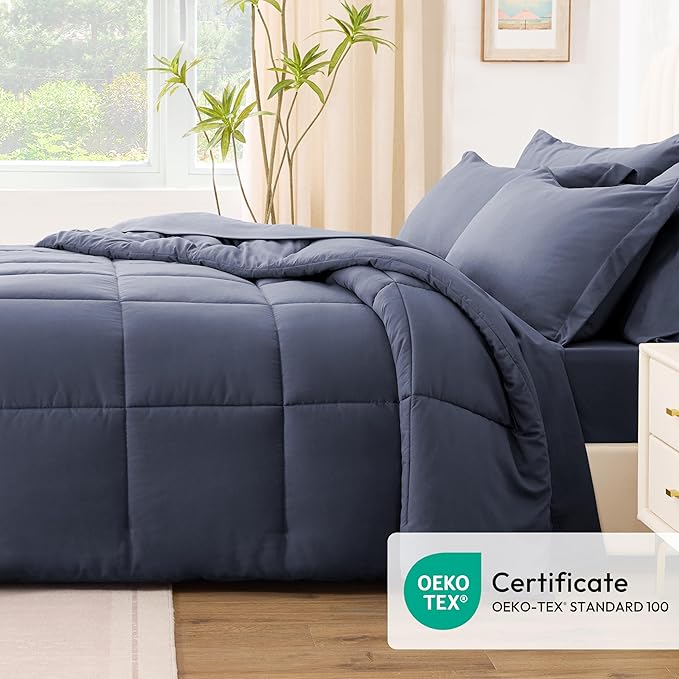 Love's cabin Queen Comforter Set Indigo Blue, 7 Pieces Queen Bed in a Bag, All Season Bedding Sets with 1 Comforter, 1 Flat Sheet, 1 Fitted Sheet, 2 Pillowcase and 2 Pillow Sham