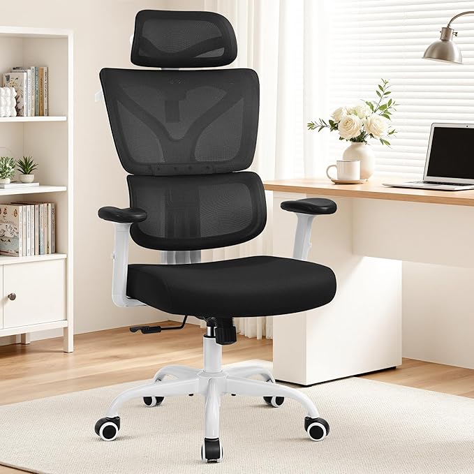 Ergonomic Office Chair High Back Desk Chair with Lumbar Support, Breathable Mesh Computer Chair with Adjustable Armrests Height, Reclining Swivel Big and Tall Gaming Chair for Home Office(White)