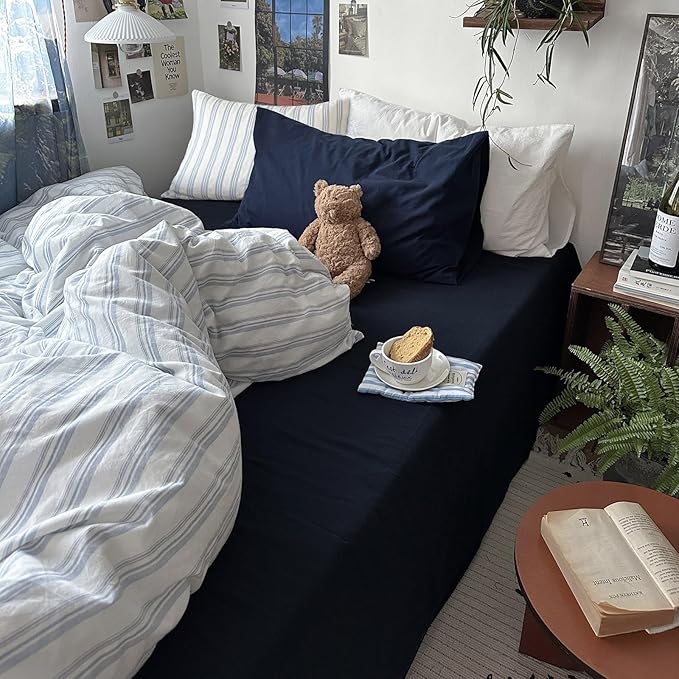 VM VOUGEMARKET Striped Duvet Cover Set 100% Washed Cotton Linen Like Textured Breathable Durable Comfy Modern Bedding Set for Boys Men (Demin Blue&White Stripes, Queen 90"x90")