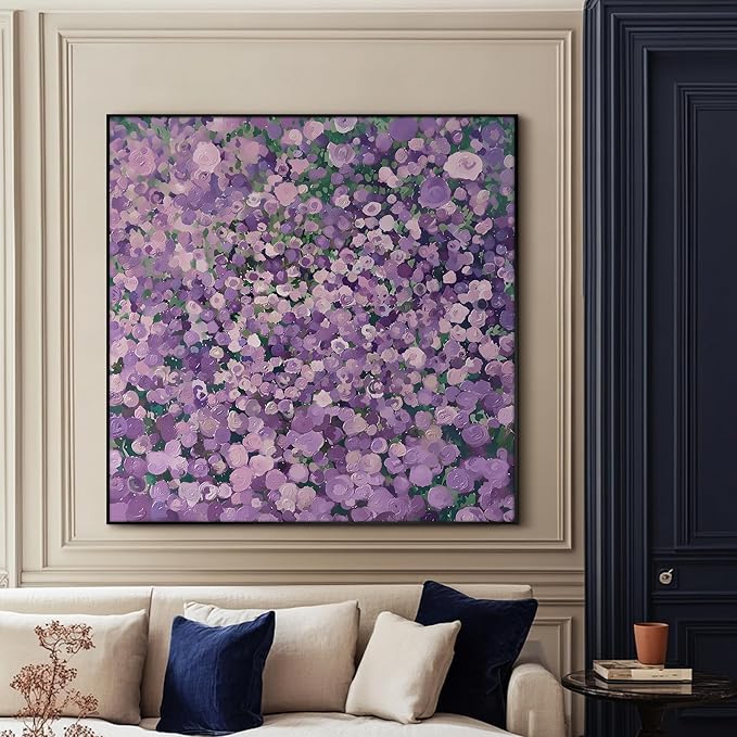 60"x60" XL Framed Wall Art Purple Blossom Burst Abstract Floral Impressionist Violet Flower Field (Frame Assembly Required)
